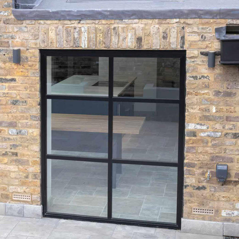 custom steel framed glass sidelight wall with square top and tempered glass