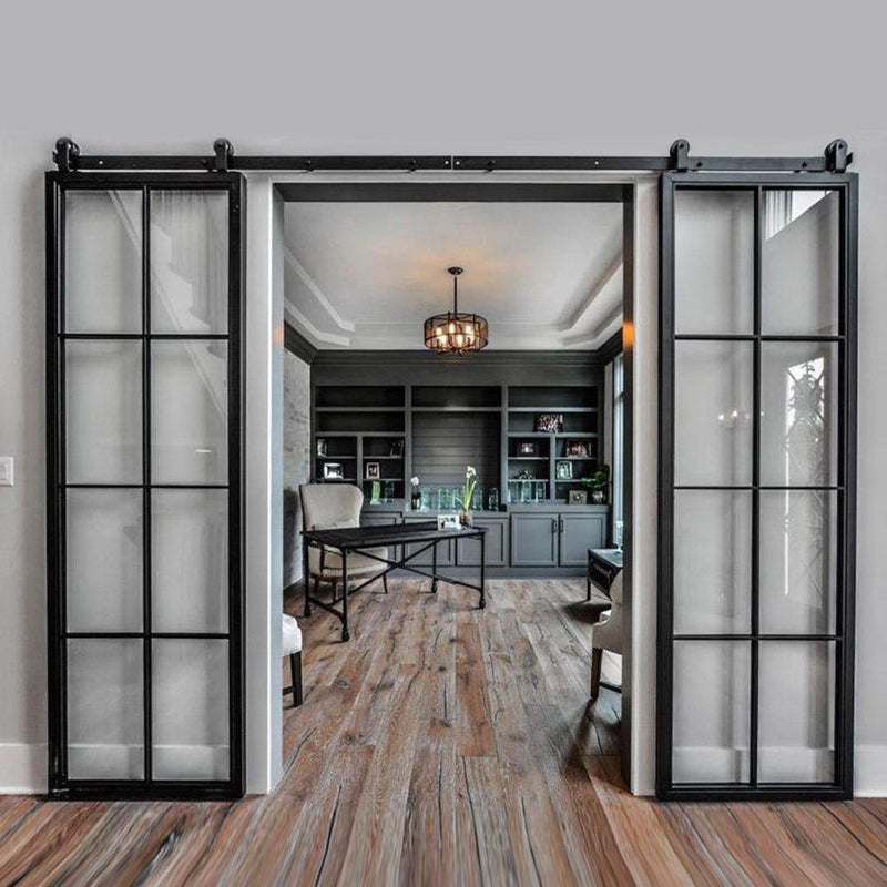 custom iron barn double door with square top and 8-lite glass pane