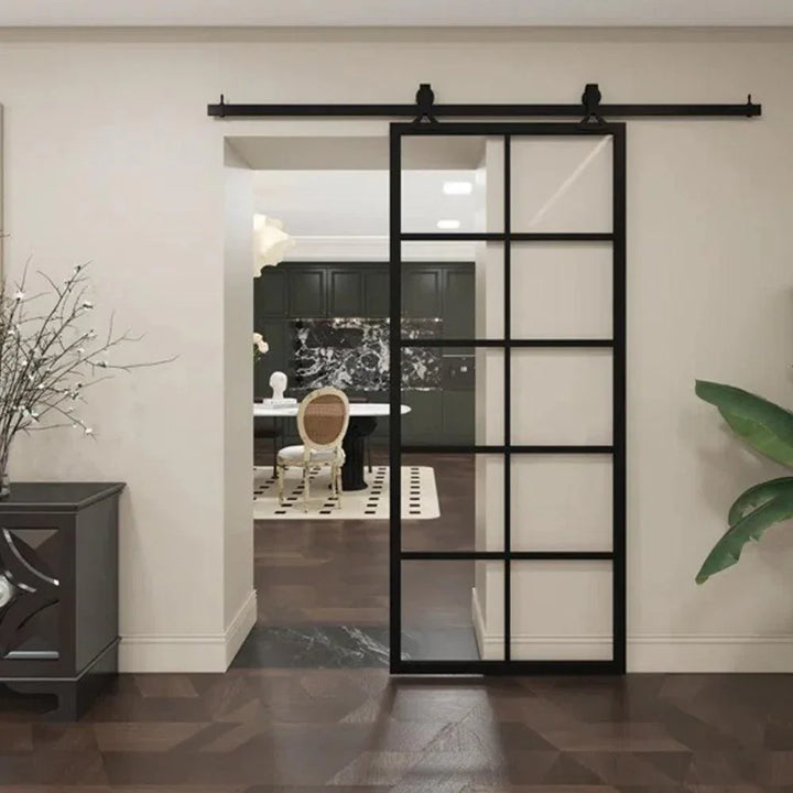 custom iron barn single door with black frame and 10-lite-glass-pane
