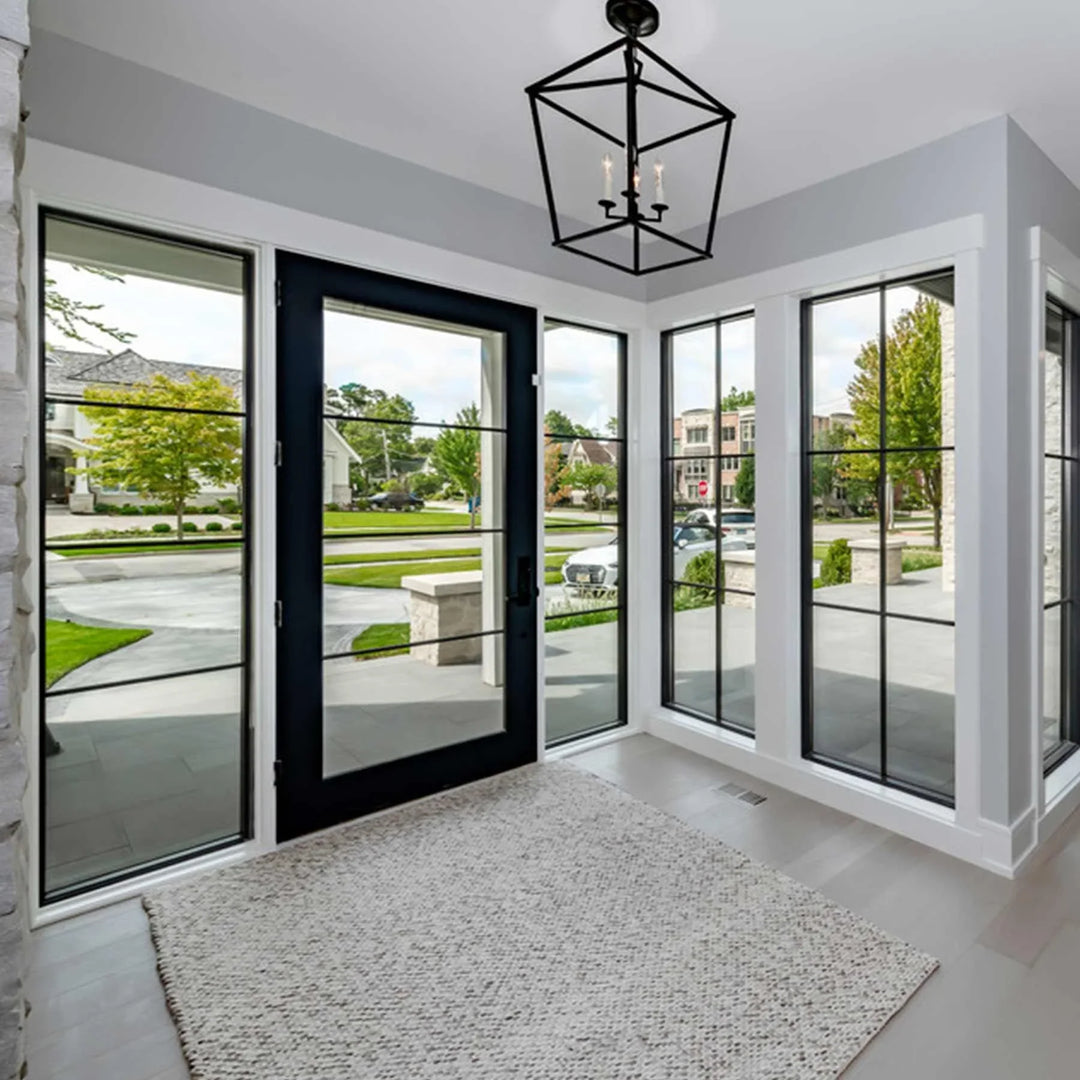 custom residential steel glass panel sidelight with clear wall and 6-lite glass pane