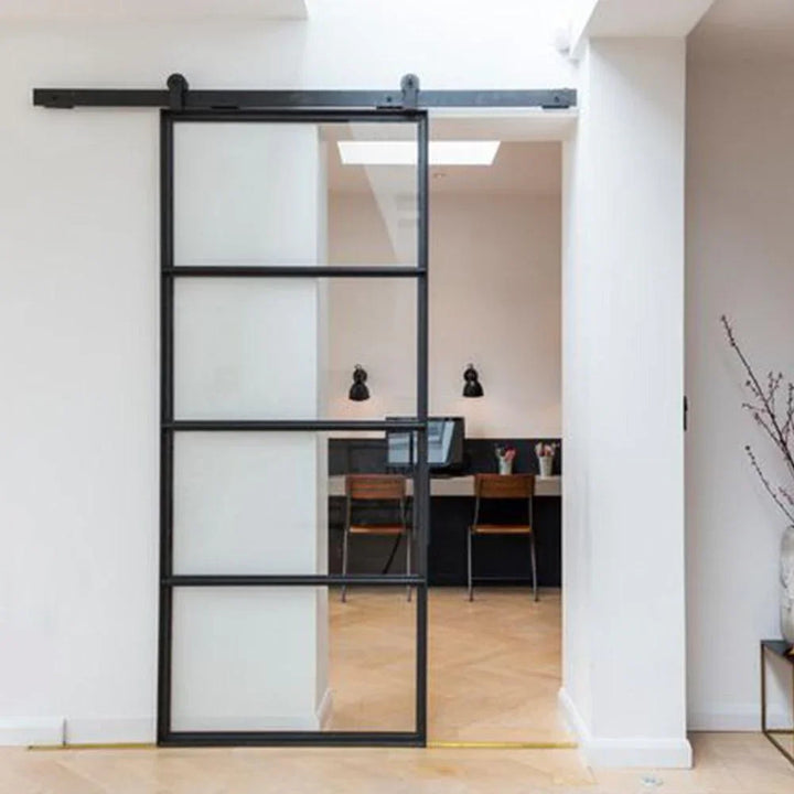 custom iron barn double door with square top and 4-lite glass pane