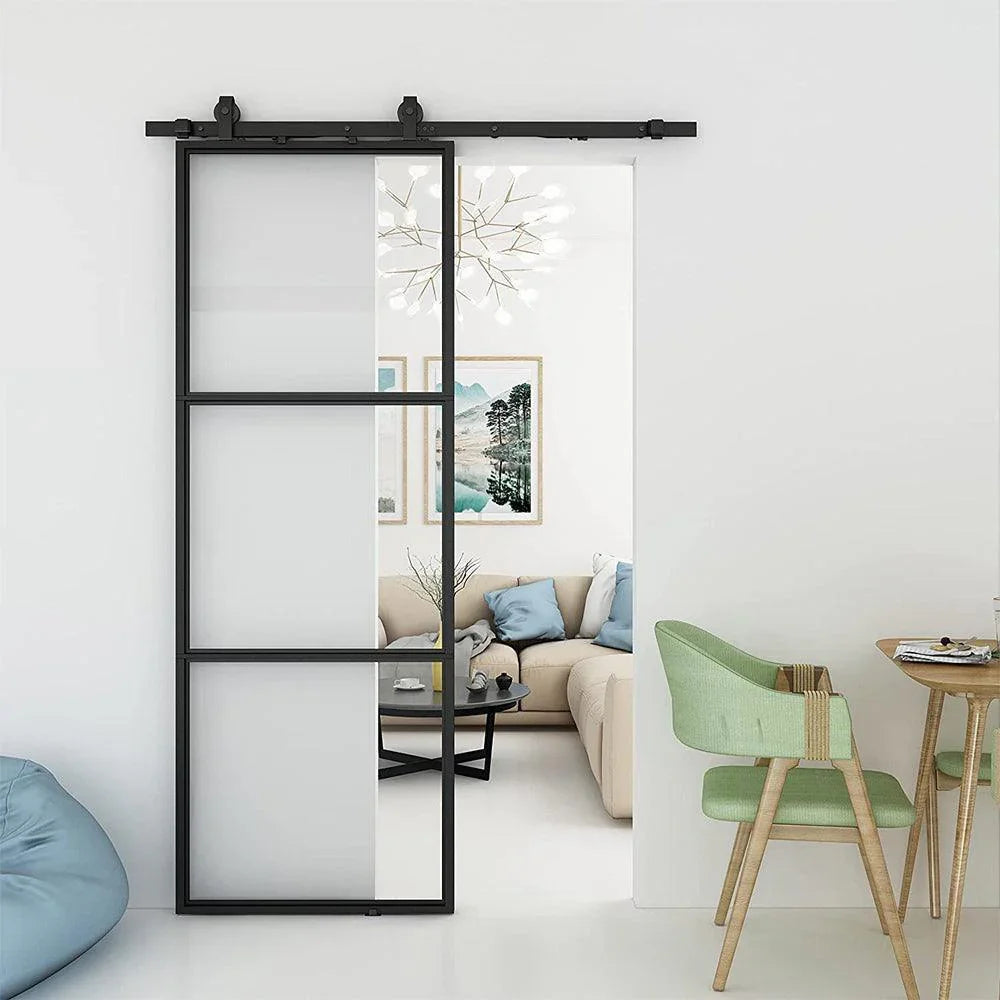 custom iron barn single door with square top and 3-lite glass pane