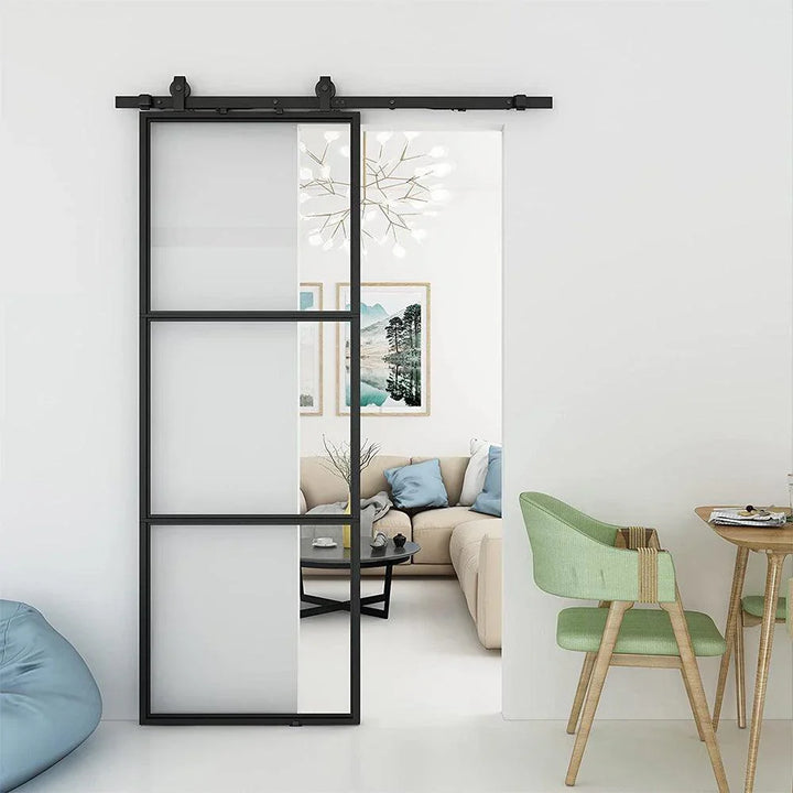 custom iron barn single door with square top and 3-lite glass pane