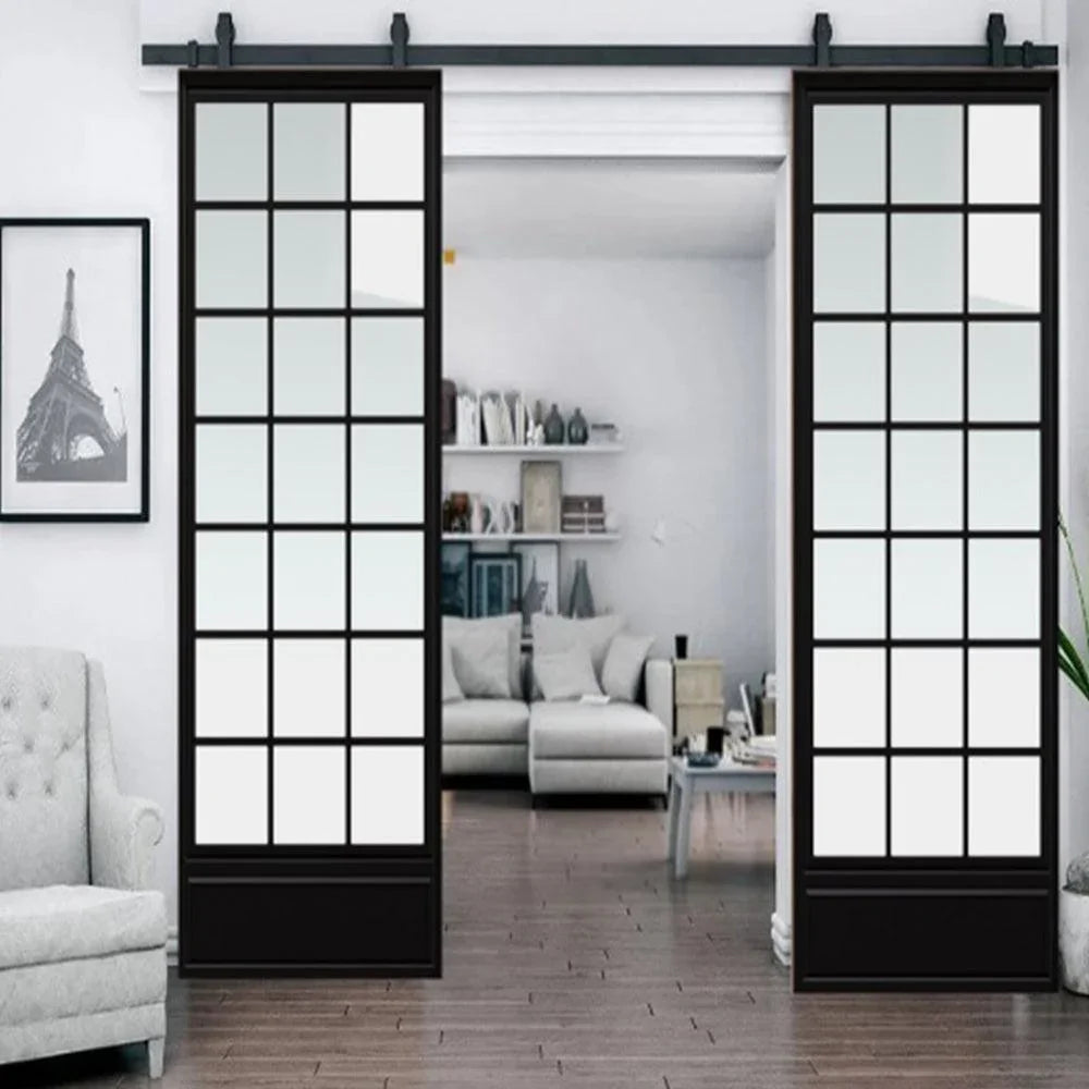 custom iron barn door with kickplate and 21-lite glass pane