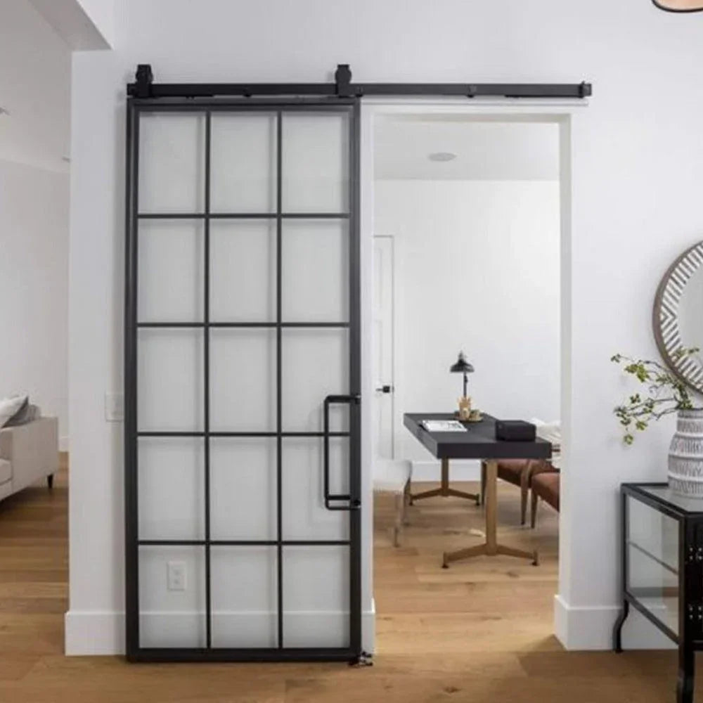 custom iron barn single door with square top and 15-lite glass pane