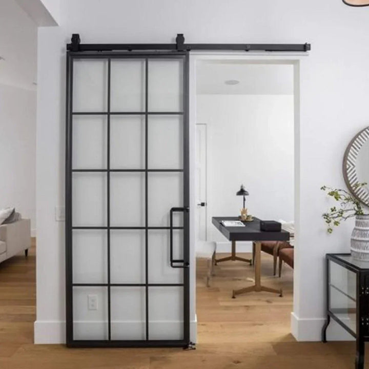 custom iron barn single door with square top and 15-lite glass pane
