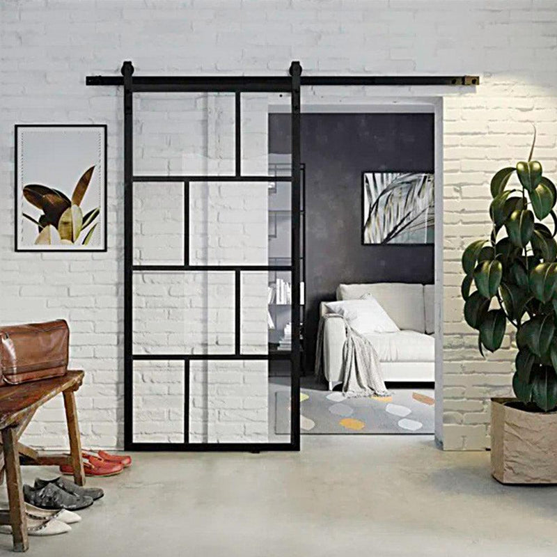unique metal sliding barn single door with square top and 8-lite unequal glass pane