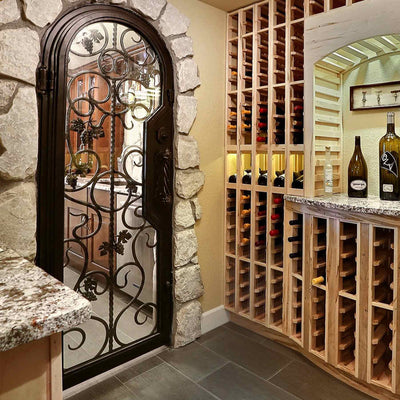 IWD-elegant-wine-cellar-single-iron-door-grapevine-scrollwork-CID-W013-thermal-break-ironwroughtdoors