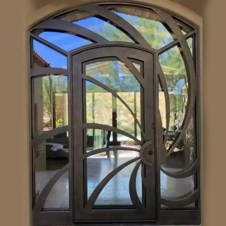IWD-eleglant-steel-single-entrance-door-clear-glass-CID-128-radiant-curved-line-arched-top-with-transom-sidelights-ironwroughtdoors