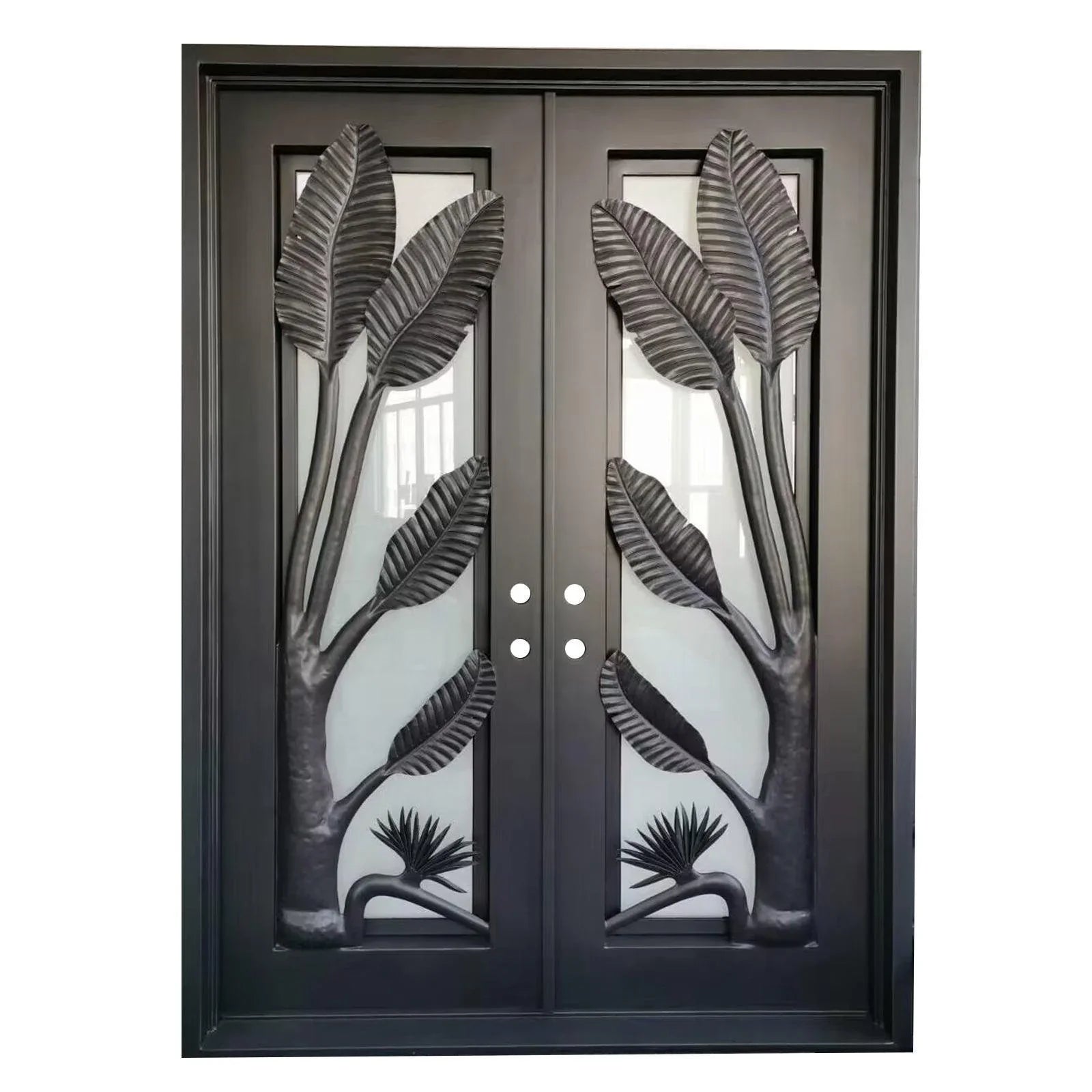 IWD-banana tree-shaped-double-iron-door-black-clear-glass-CLID-023-square-top-ironwroughtdoors