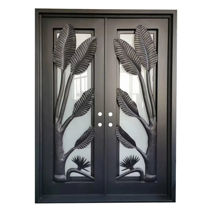 IWD-banana tree-shaped-double-iron-door-black-clear-glass-CLID-023-square-top-ironwroughtdoors