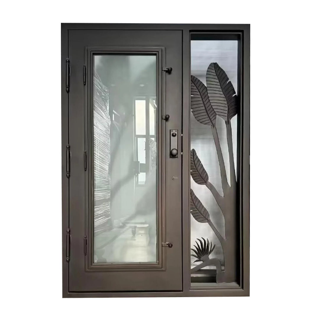 IWD-banana tree-shaped-single-iron-door-with-sidelight-black-clear-glass-CLID-023-square-top-ironwroughtdoors