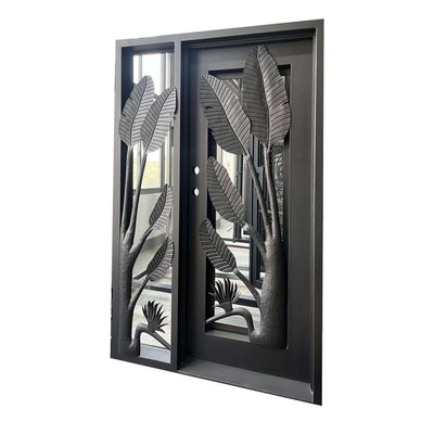 IWD-banana tree-shaped-single-iron-door-with-sidelight-black-clear-glass-CLID-023-square-top-ironwroughtdoors