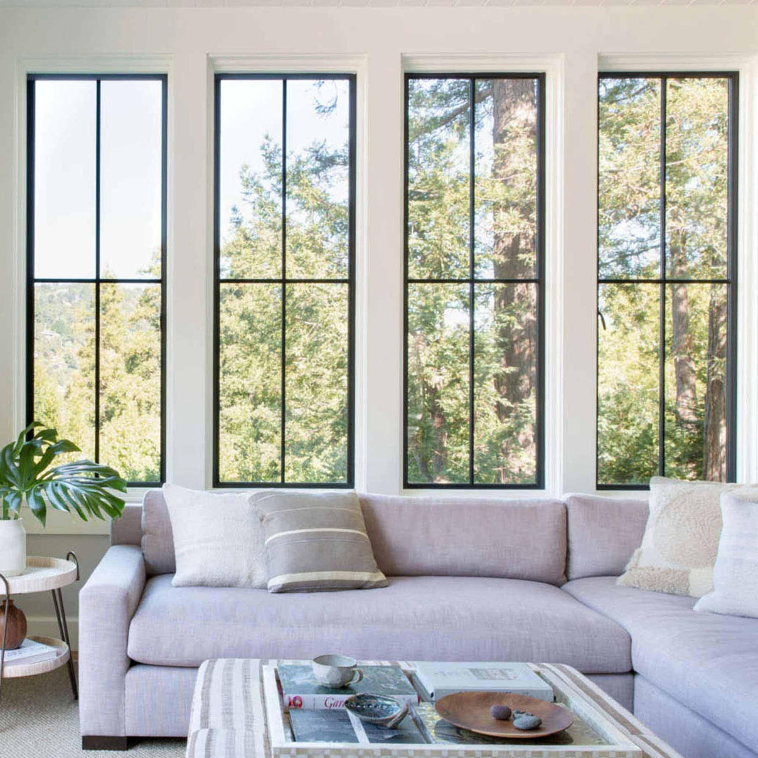 custom steel stationary sidelight window with square top and 4-lite glass pane
