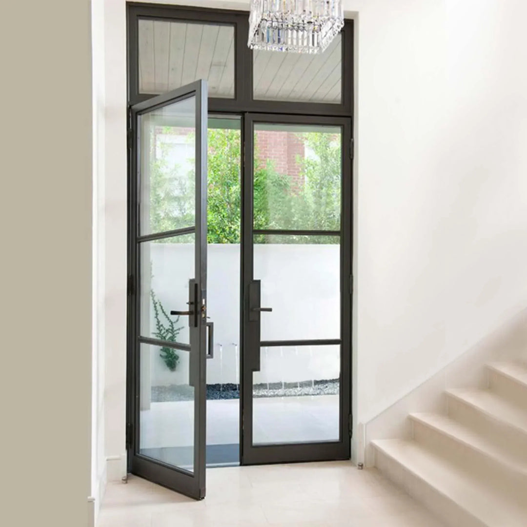 classic design iron french double door with transom and square top