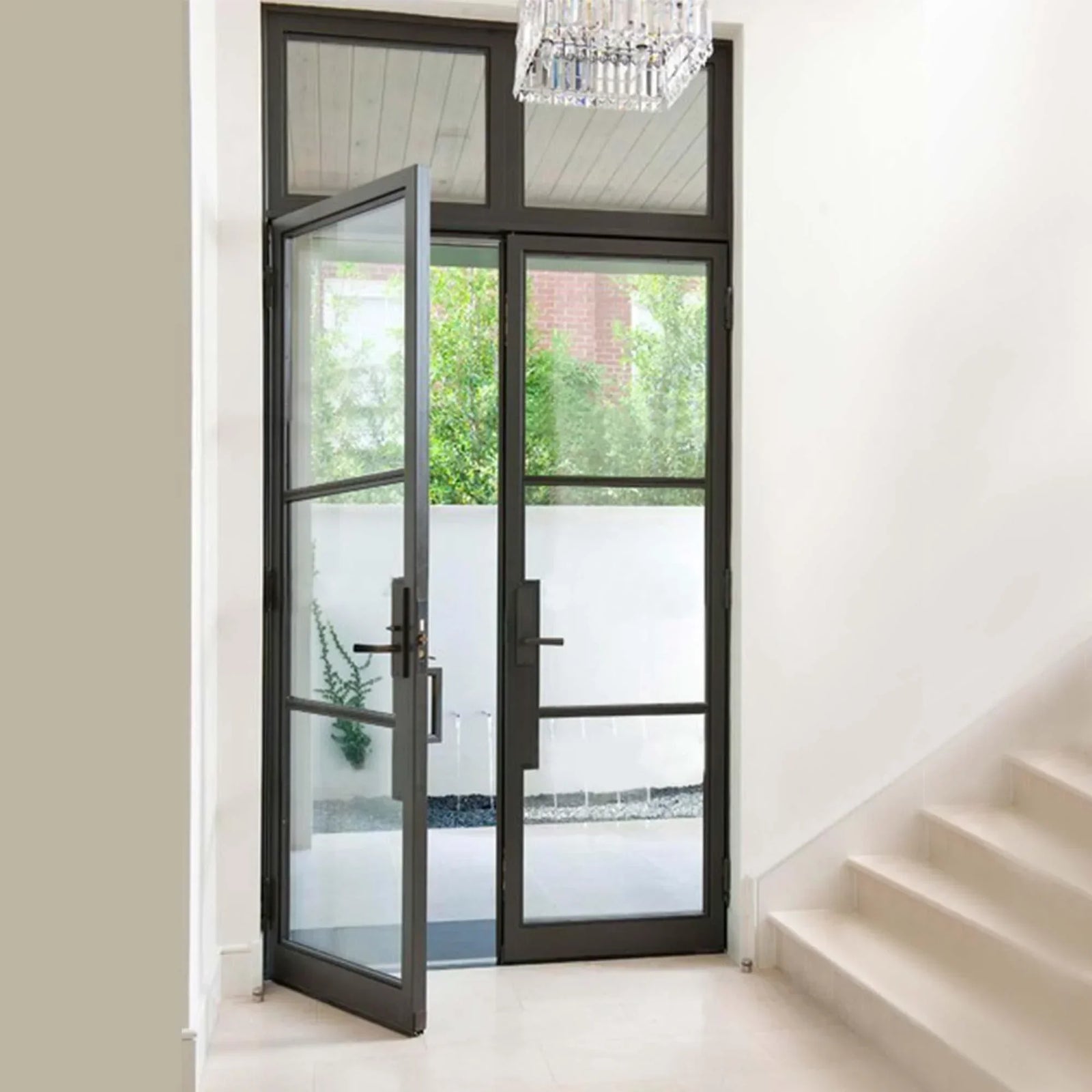 classic design iron french double door with transom and square top