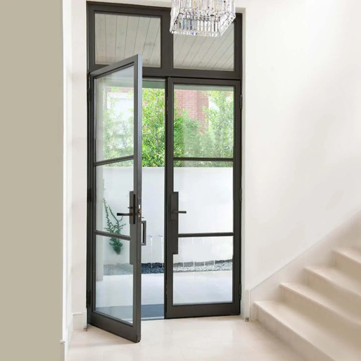 classic design iron french double door with transom and square top