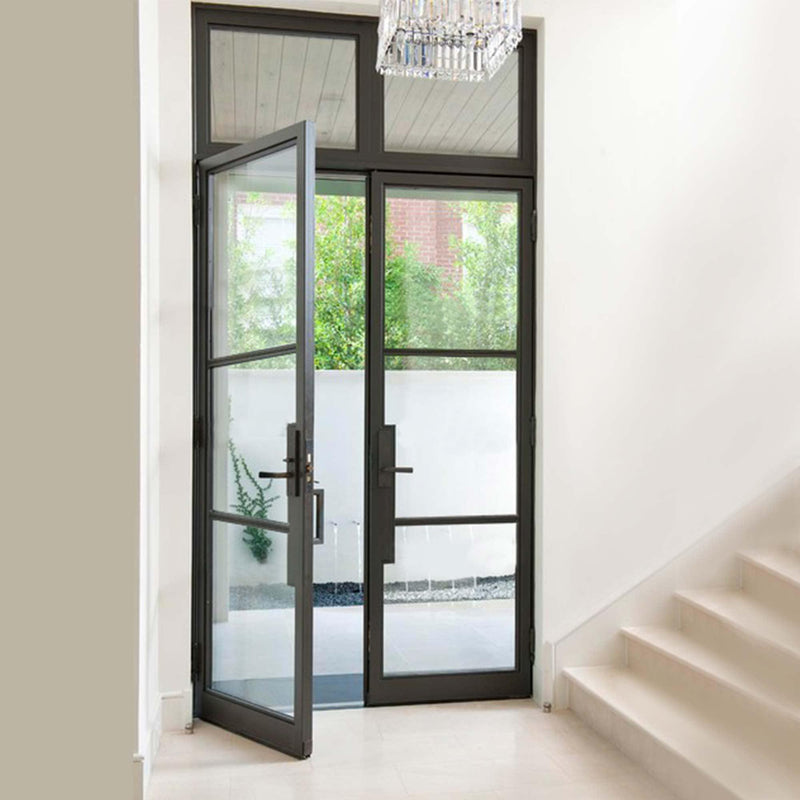 classic design iron french double door with transom and square top
