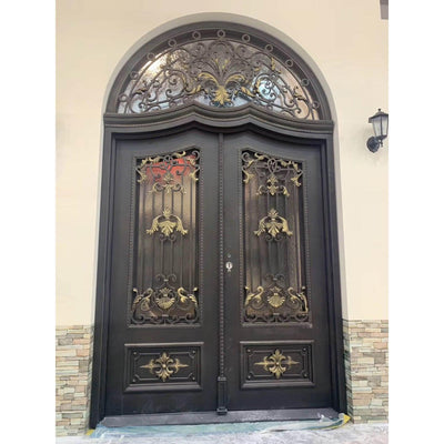 top quality iron double entry door with kickplate and round transom
