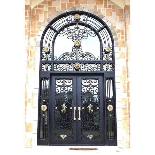 iron double exterior door with square top and round transom
