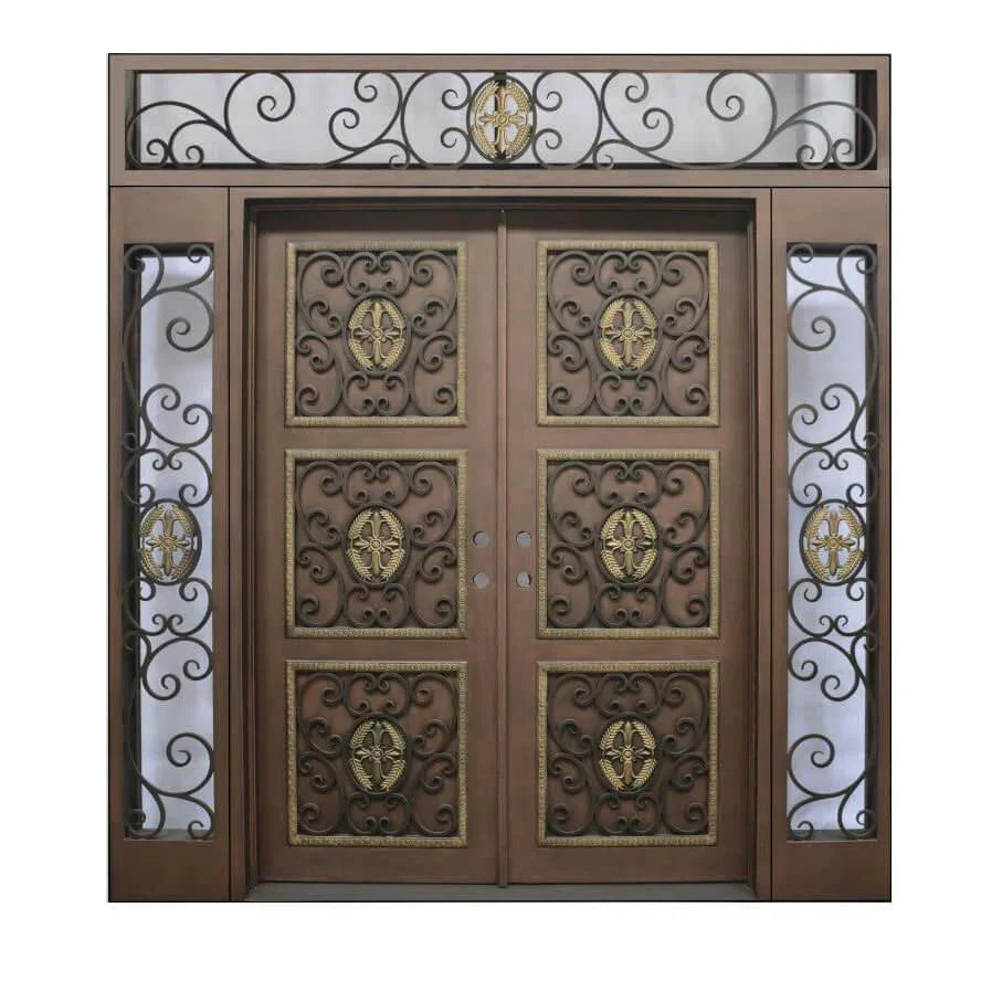 iron double entry door with square transom and two sidelights