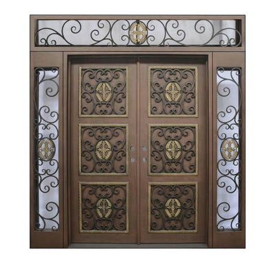 iron double entry door with square transom and two sidelights