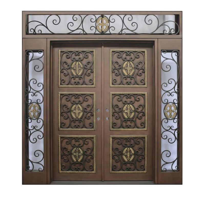 IWD Luxury Wrought Iron Double Entry Door CLID-007 Square Top with square transom and two sidelights - IronWroughtDoors