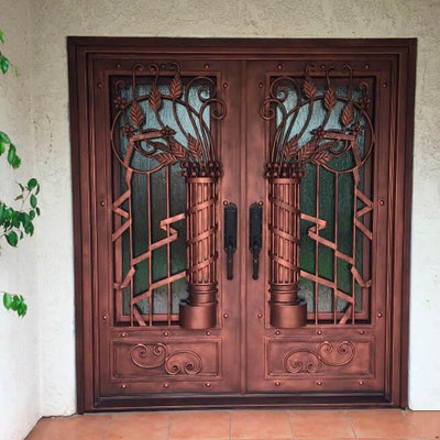 iron double exterior door with square top and kickplate