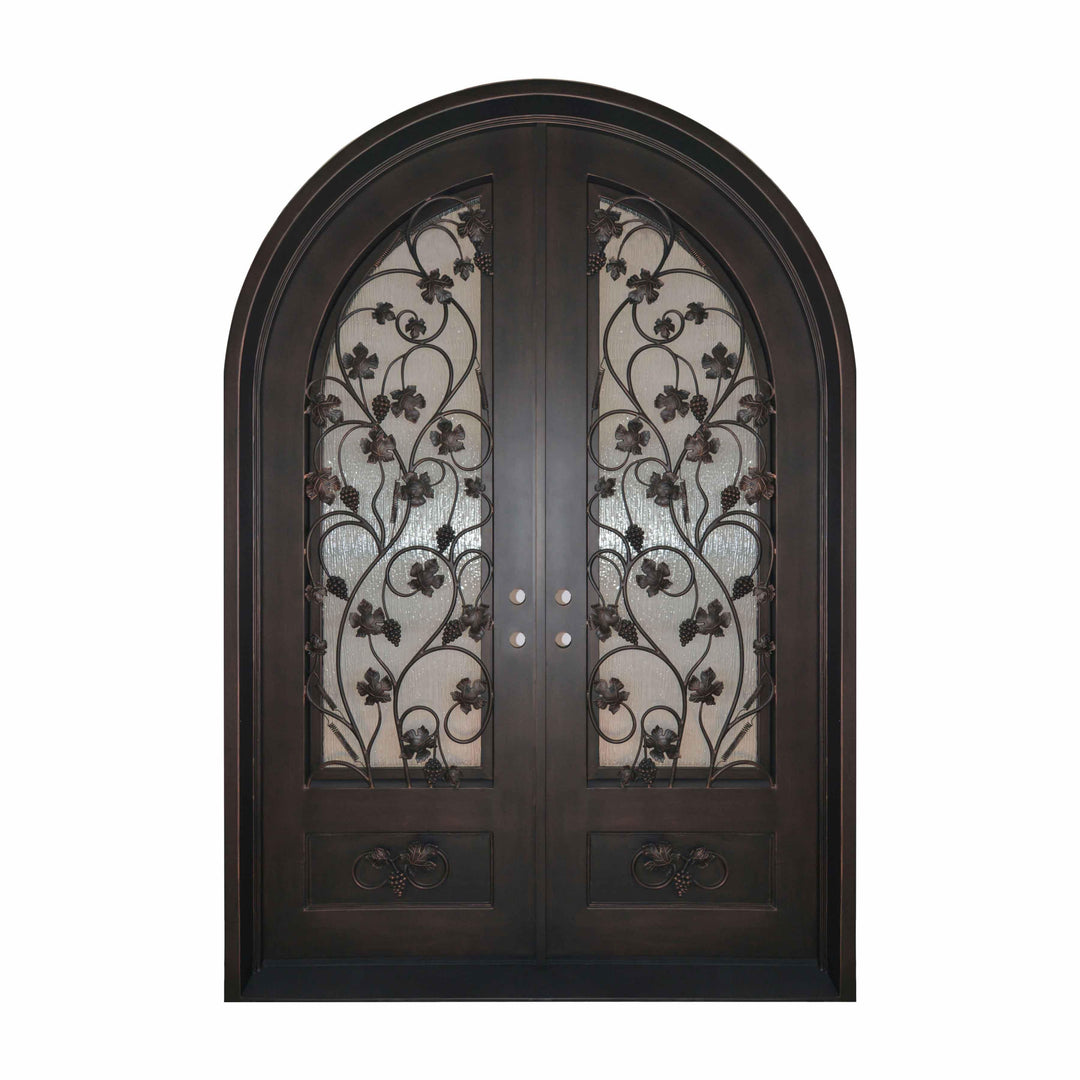 wrought iron double door with round top and kickplate