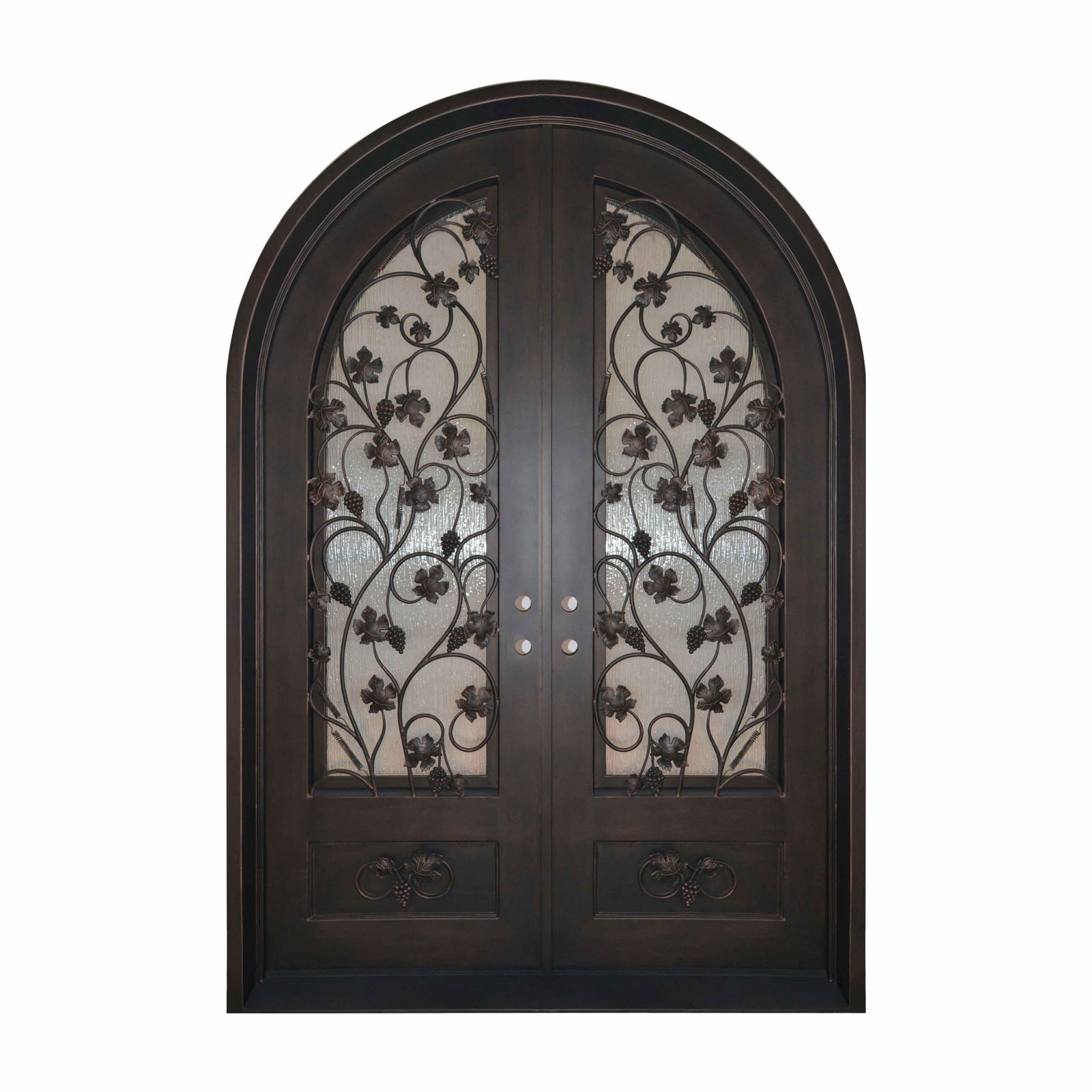 wrought iron double door with round top and kickplate