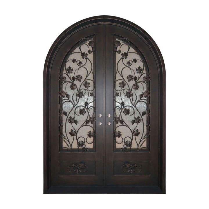 wrought iron double door with round top and kickplate