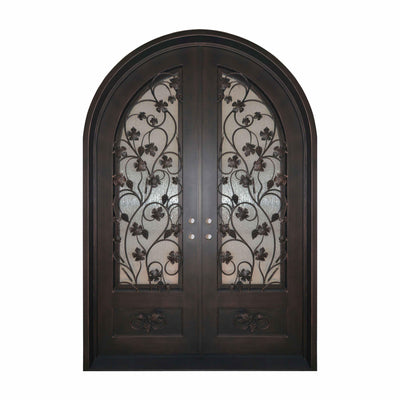 wrought iron double door with round top and kickplate