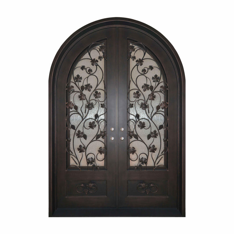 wrought iron double door with round top and kickplate