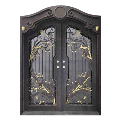wrought iron double door with arched top and scrollwork