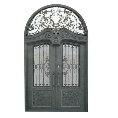 iron double exterior door with kickplate and round transom