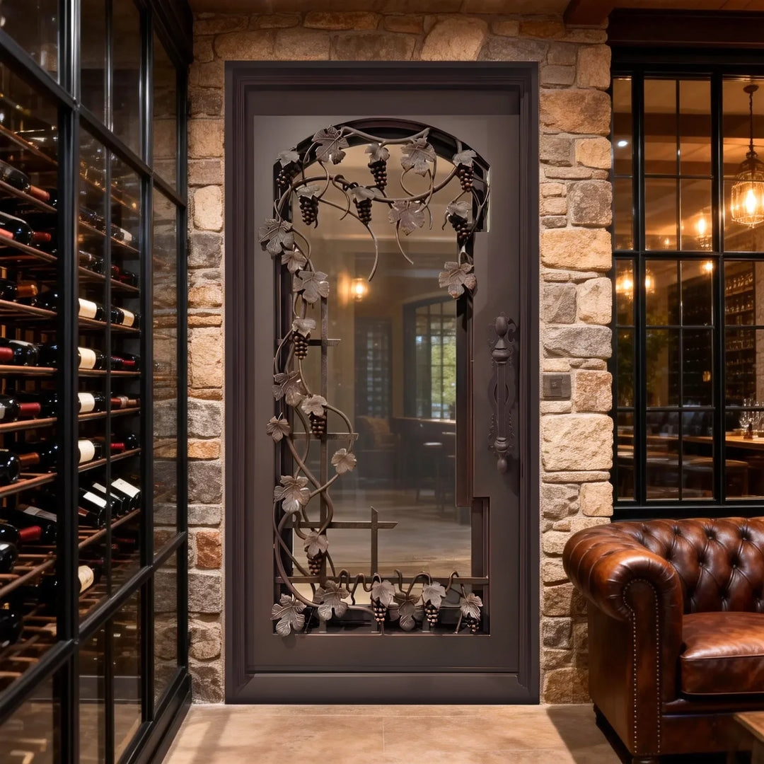 IWD-elegant-iron-wine-cellar-single-door-grapeviine-scrollwork-iron-door-arched-inside-CID-W016-ironwroughtdoors