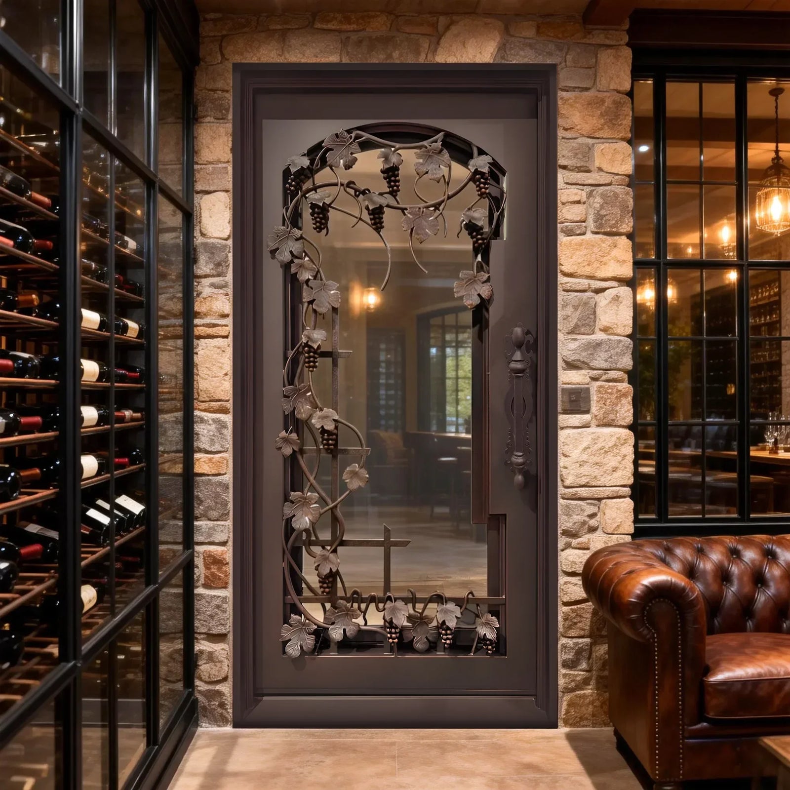 IWD-elegant-iron-wine-cellar-single-door-grapeviine-scrollwork-iron-door-arched-inside-CID-W016-ironwroughtdoors