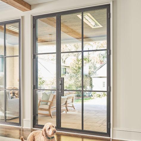 iron entrance french single door with square top and 6-lite glass