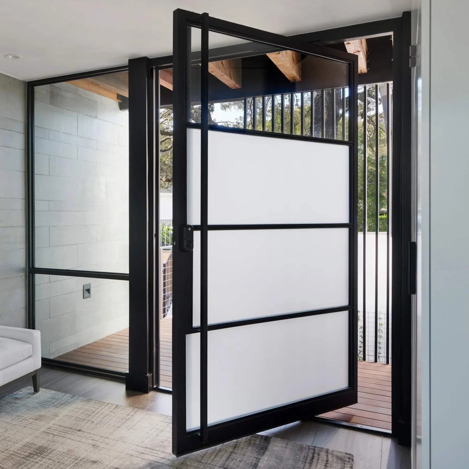 IWD-iron-pivot-single-door-4-lite-clear-and-frosted-glass-CID-PV029-smart-lock-long-handle