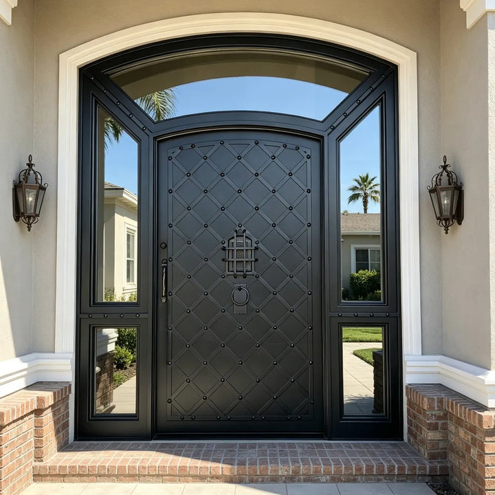 IWD-iron-front-door-diamond-rivet-panel-central-speakeasy-viewport-full-arched-transom-tall-glass-sidelights-ironwroughtdoors