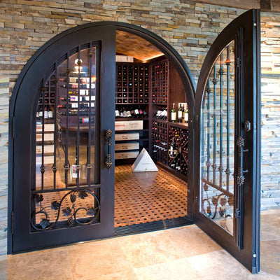 IWD-luxurious-wine-cellar-double-thermal-break-iron-door-grapevine-scrollwork-CID-W014-ironwroughtdoors