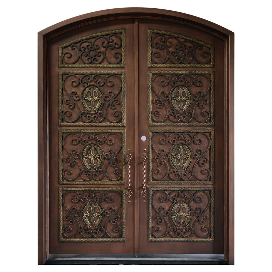 wrought iron double door with arched top and kickplate