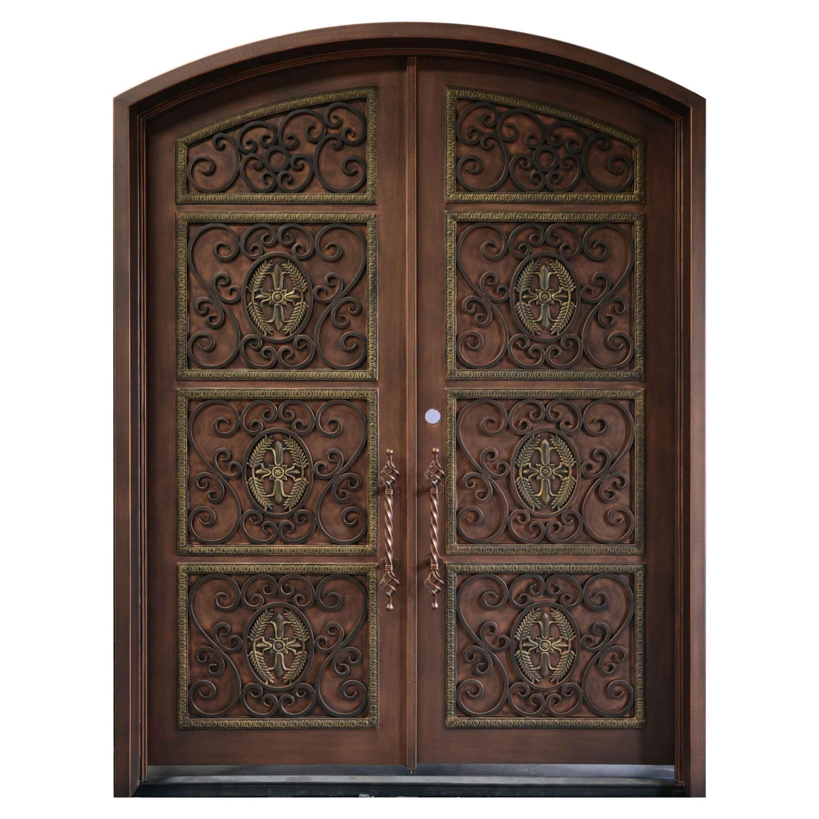 wrought iron double door with arched top and kickplate