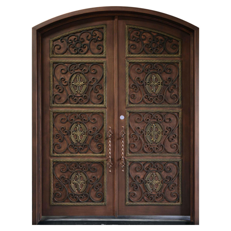 wrought iron double door with arched top and kickplate