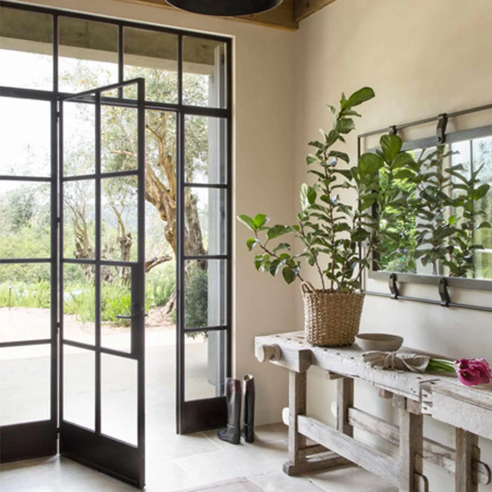 simple design steel french single door with two sidelights and transom