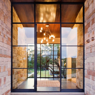 popular iron french single door with two sidelights and square transom