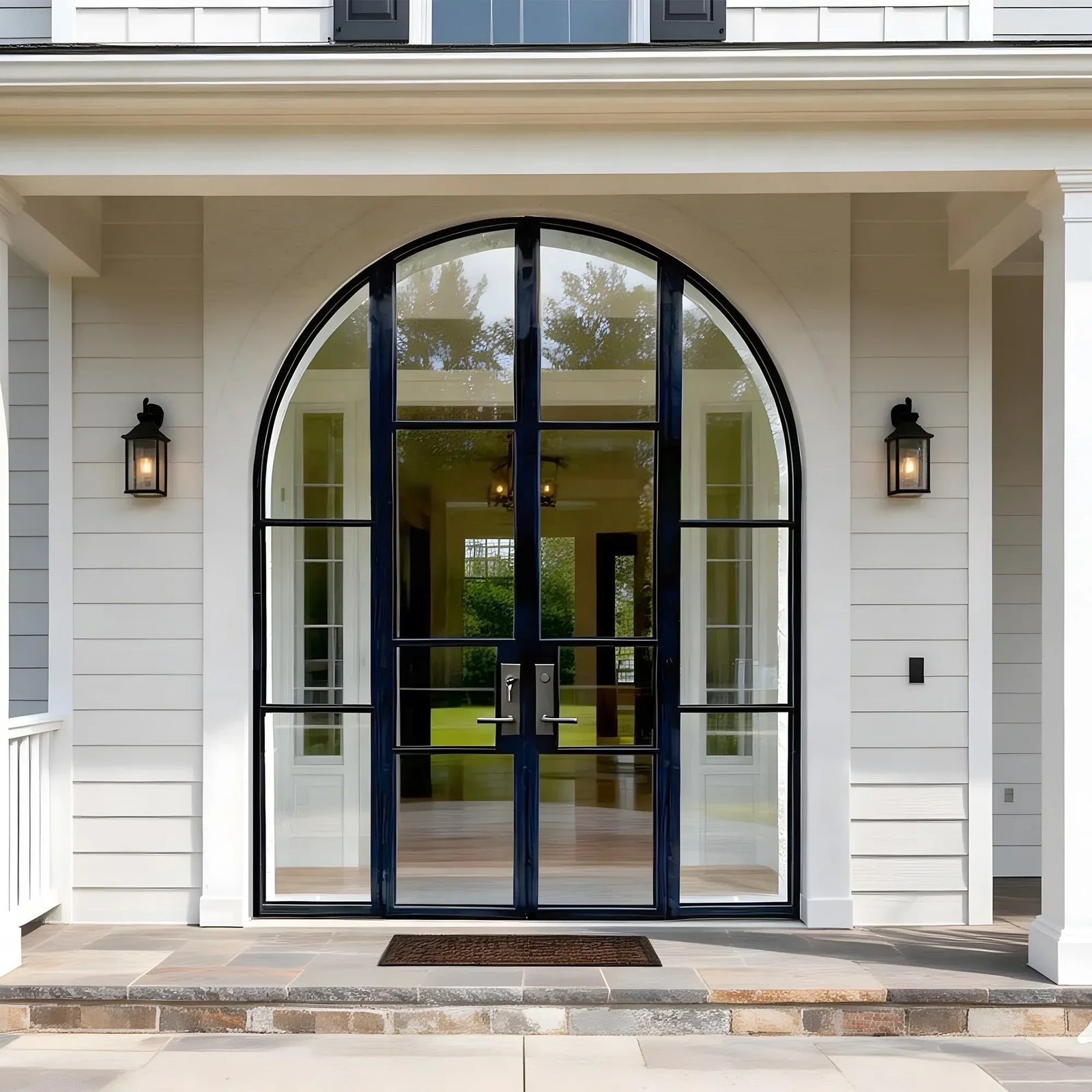 IWD-modern-exterior-iron-french-door-with-round-top-CIFD-D0410-sleek-lines-clear-glass