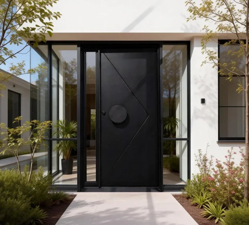 IWD-contemporary-linear-geometric-design-pivot-door-with-sidelights-CID-PV032-extrior-iron-doors-ironwroughtdoors