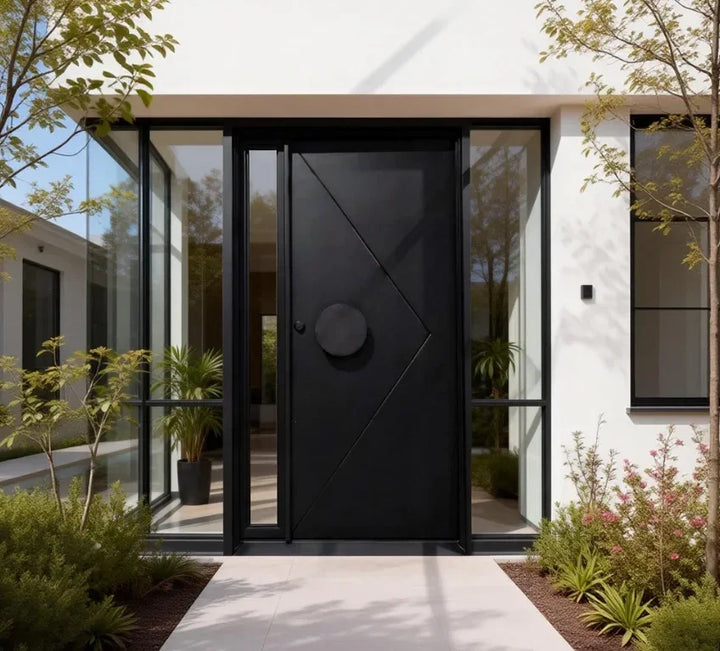 IWD-contemporary-linear-geometric-design-pivot-door-with-sidelights-CID-PV032-extrior-iron-doors-ironwroughtdoors
