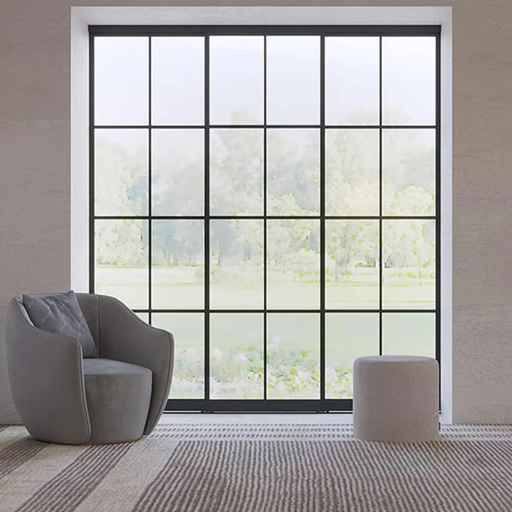 custom exterior steel glass sidelight wall with square top and black frame